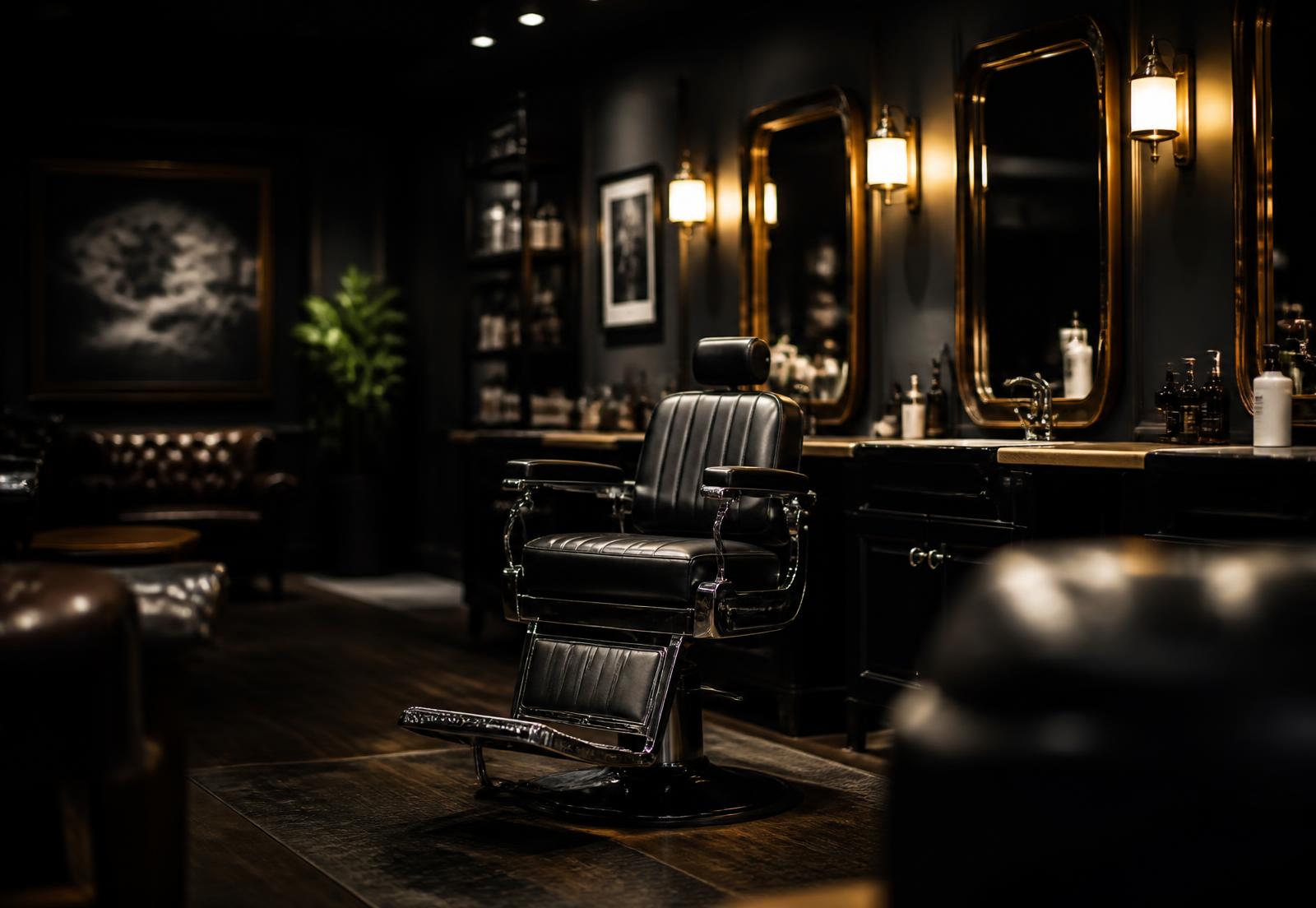 ART Barbershop i Lillestrøm — barberstol og speil i sort og gull